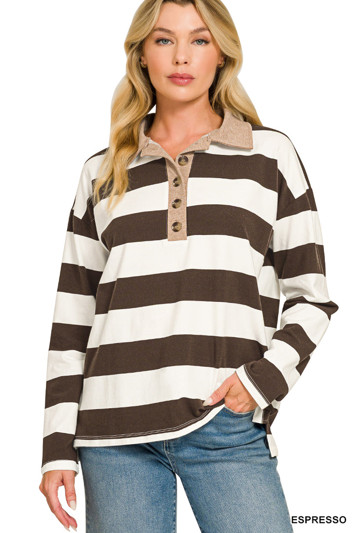 Zenana Striped Polo Contrast Collar Cotton Tee CT-3572