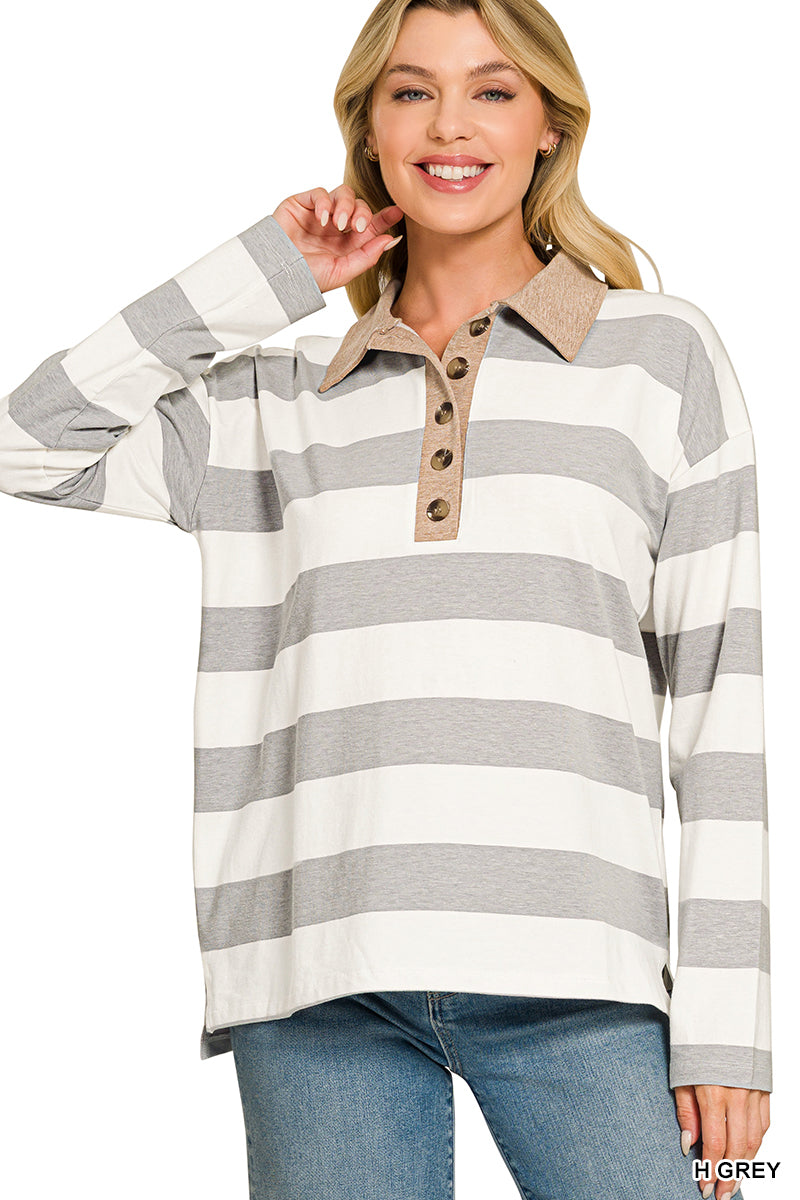 Zenana Striped Polo Contrast Collar Cotton Tee CT-3572