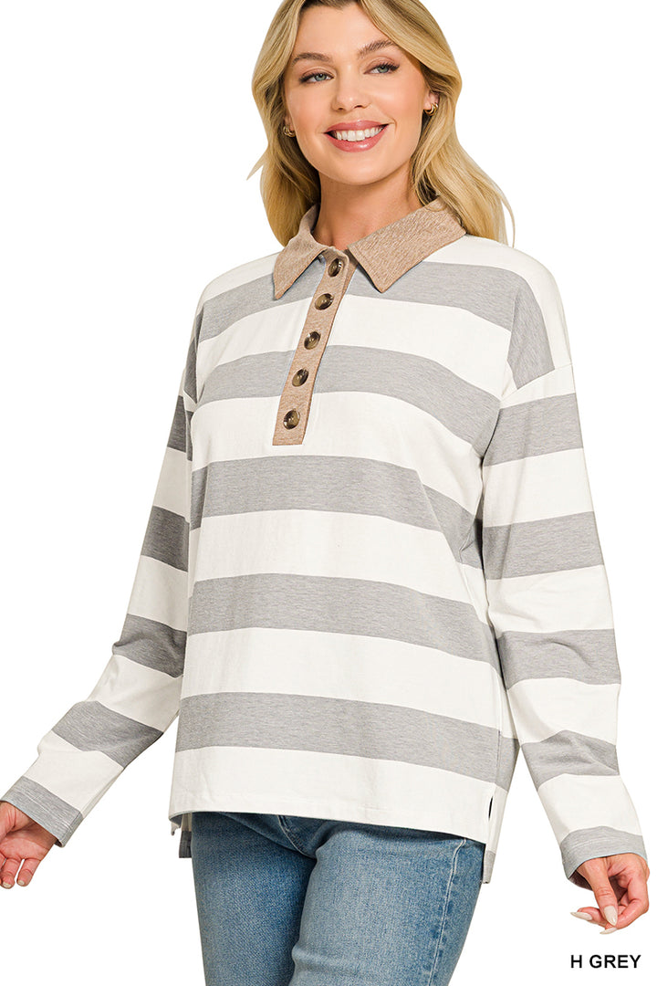 Zenana Striped Polo Contrast Collar Cotton Tee CT-3572