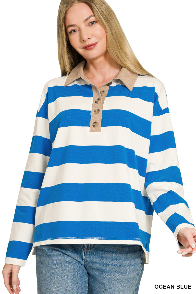 Zenana Striped Polo Contrast Collar Cotton Tee CT-3572