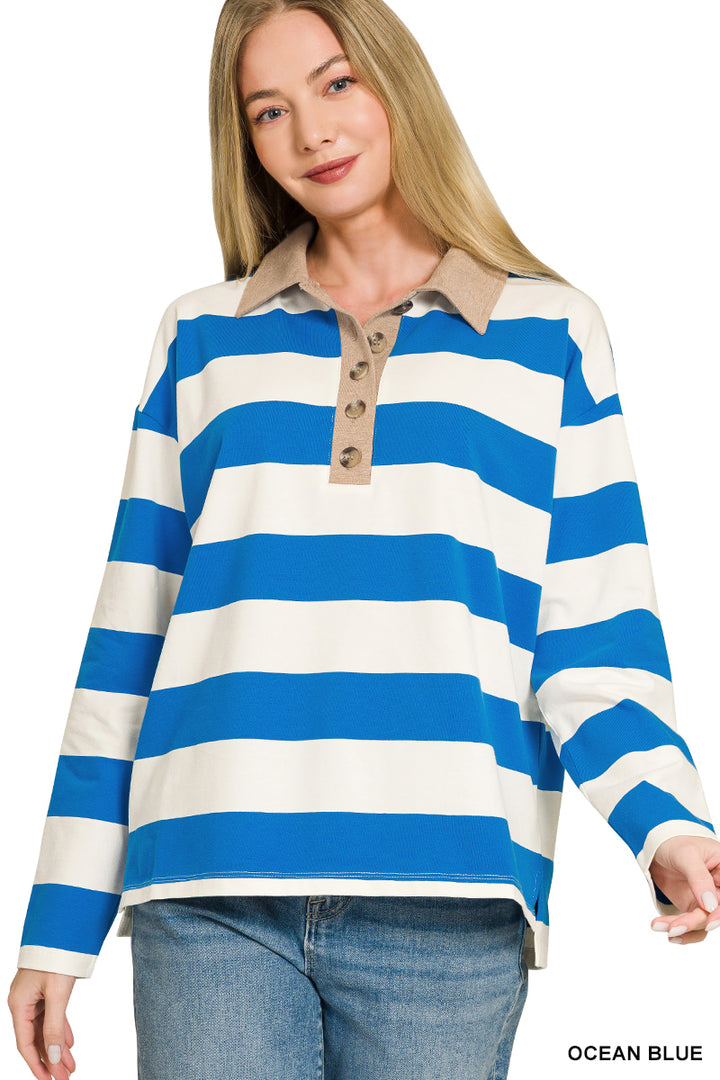 Zenana Striped Polo Contrast Collar Cotton Tee CT-3572