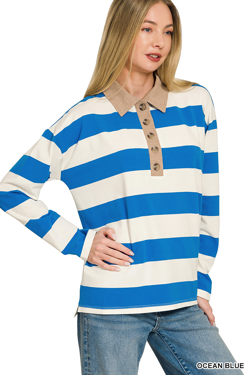 Zenana Striped Polo Contrast Collar Cotton Tee CT-3572
