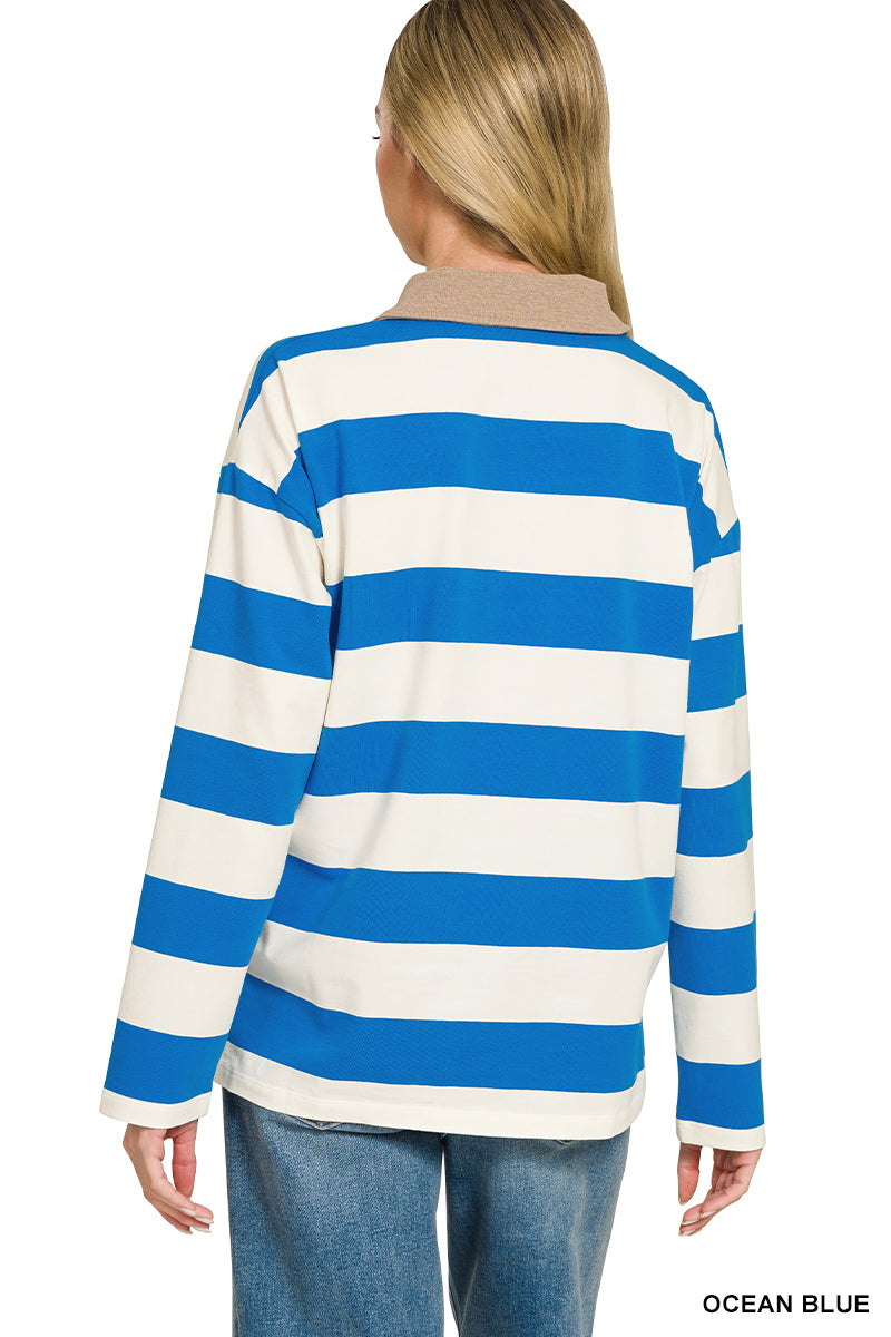 Zenana Striped Polo Contrast Collar Cotton Tee CT-3572