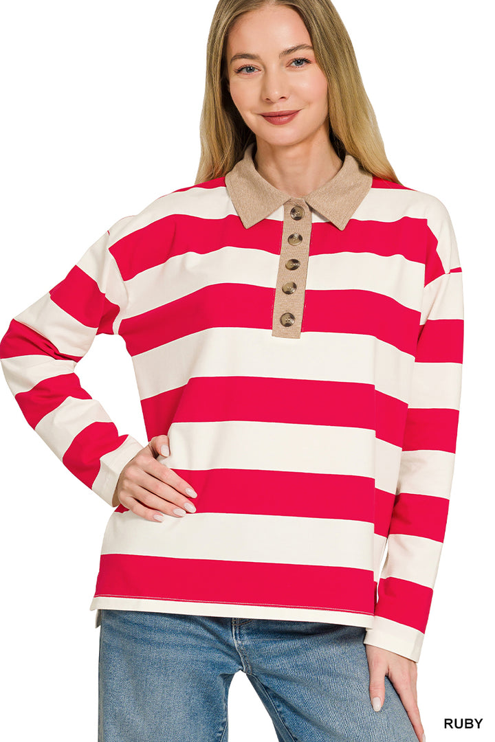 Zenana Striped Polo Contrast Collar Cotton Tee CT-3572