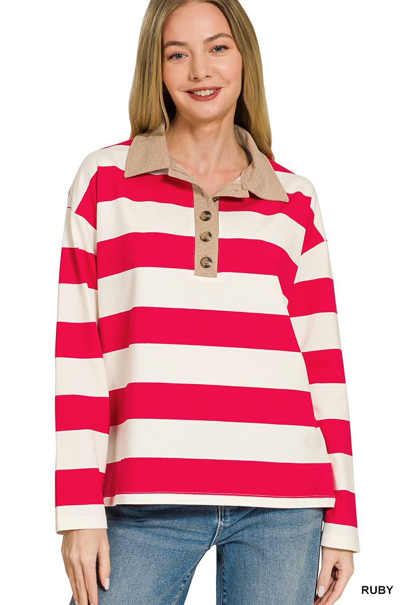 Zenana Striped Polo Contrast Collar Cotton Tee CT-3572