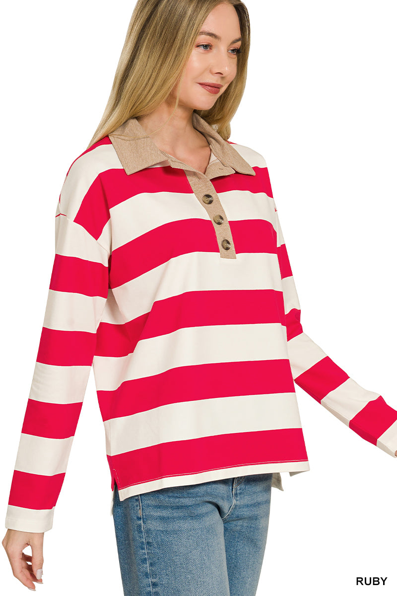 Zenana Striped Polo Contrast Collar Cotton Tee CT-3572