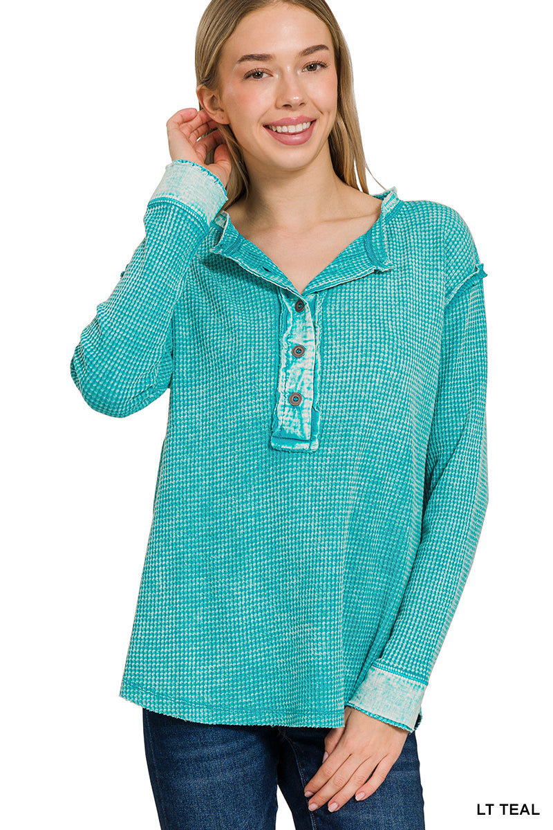 Zenana Mineral Washed Thermal Boxy Henley CTW-3357Y Long