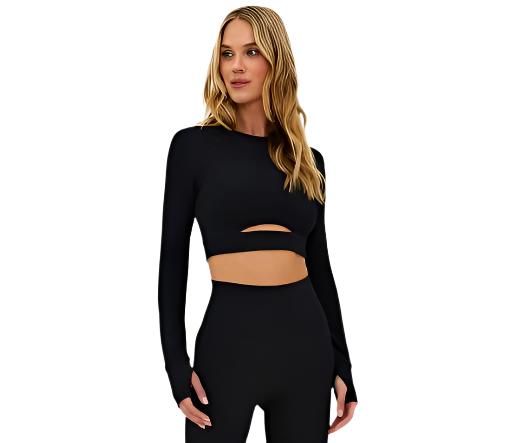 Beach Riot Crop Top Long Sleeve Waffle Black front