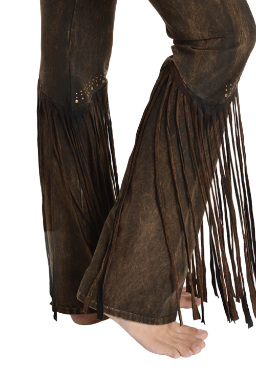 T-Party Fold Down STUDS and FRINGE Bottom Mineral Washed Yoga Pants - Brown - Rear View