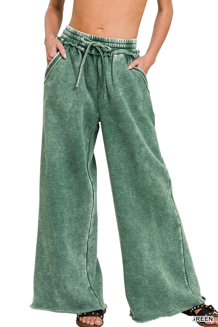 Zenana Acid Washed Fleece Palazzo Sweat Pant - Dark Green - Front View