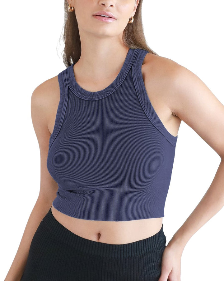 NikiBiki Vintage Ribbed High Neck Crop Top - Vintage Denim - Front View