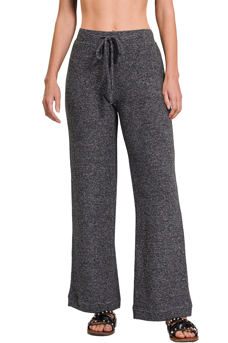 Zenana Fuzzy Hacci Palazzo Sweat Pant - Black - Front View