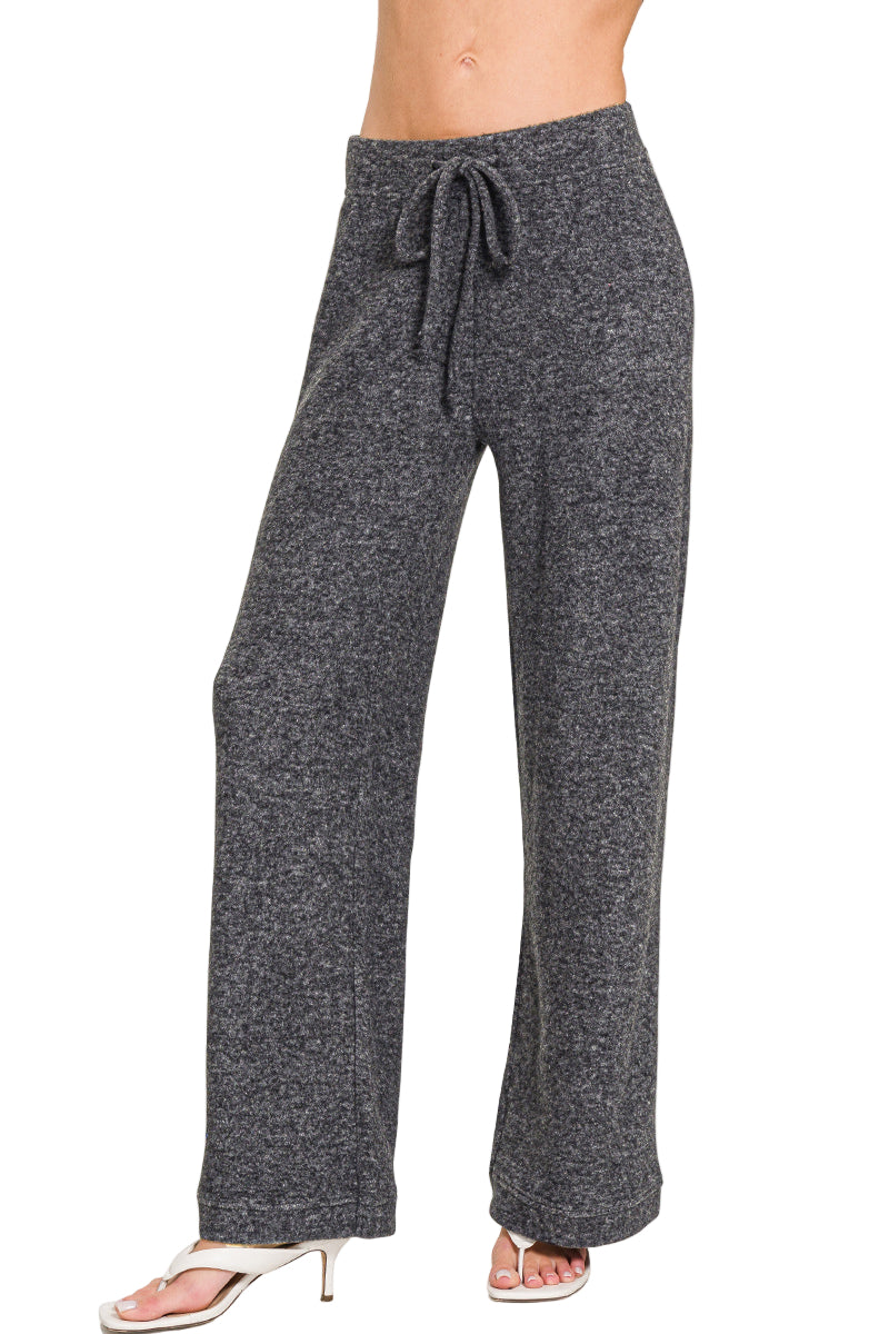 Zenana Fuzzy Hacci Palazzo Sweat Pant - Black - Front View