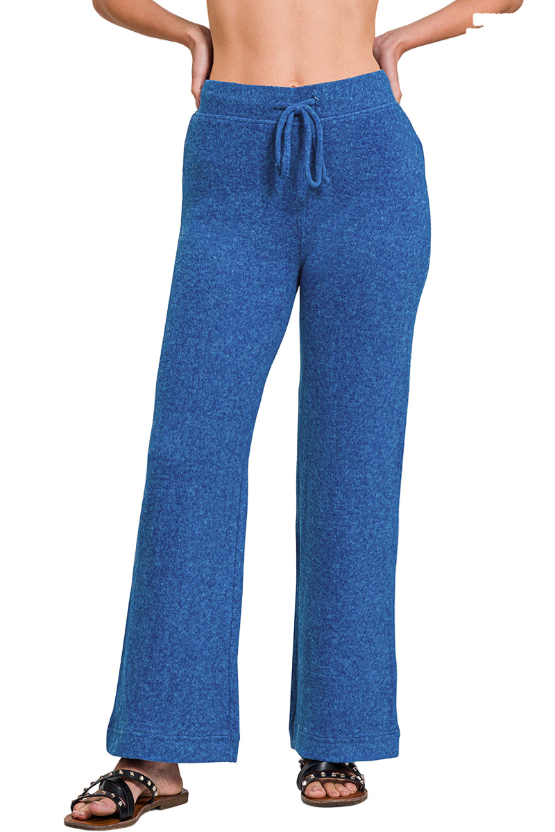 Zenana Fuzzy Hacci Palazzo Sweat Pant - Light Navy - Front View