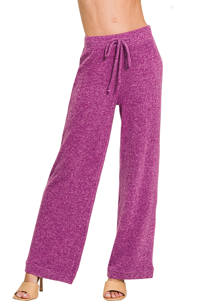 Zenana Fuzzy Hacci Palazzo Sweat Pant - Plum - Front View