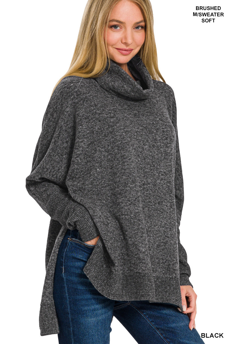 Zenana Brushed Melange Cowl Neck Oversized Poncho Sweater HT-25011C5