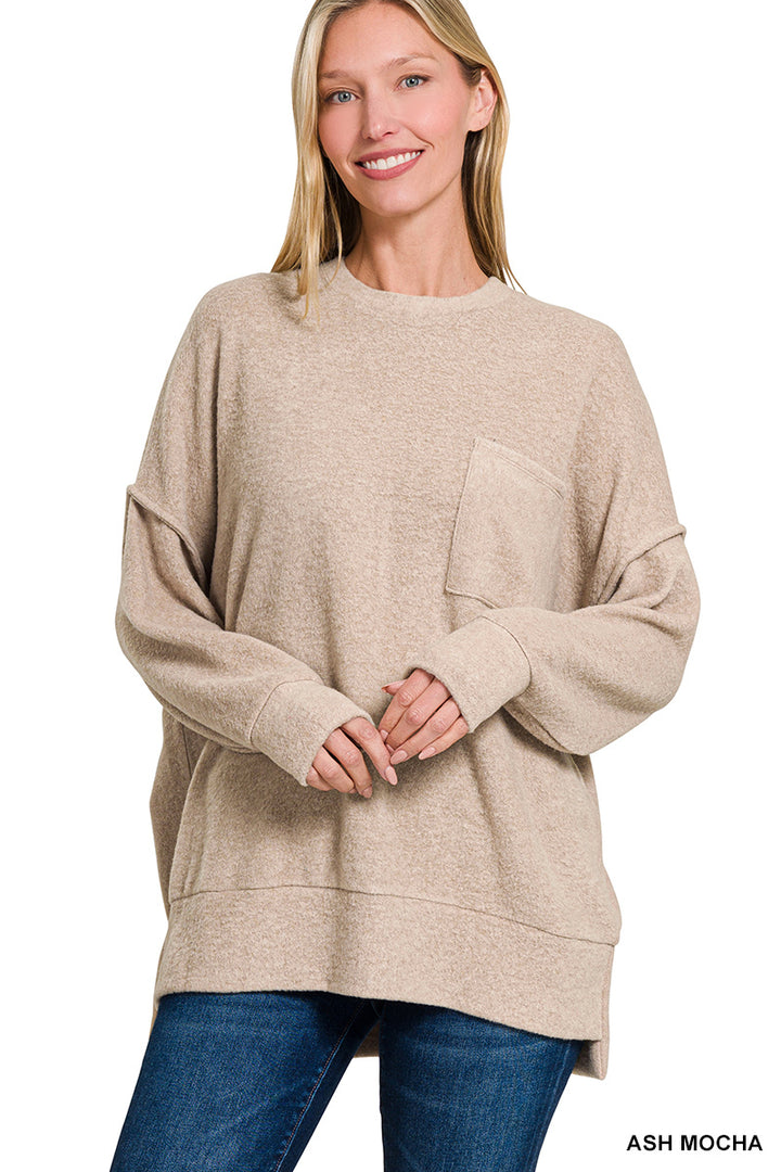 HT-25041A Zenana Brushed Melange Hacci Crew Neck Sweater