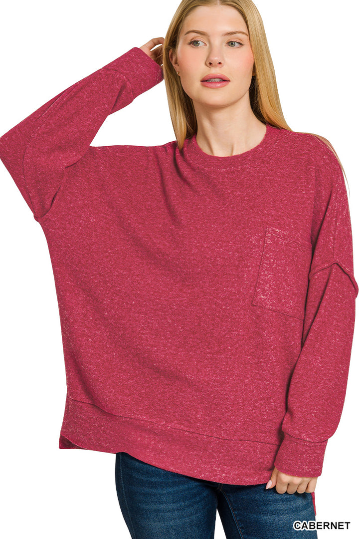 HT-25041A Zenana Brushed Melange Hacci Crew Neck Sweater