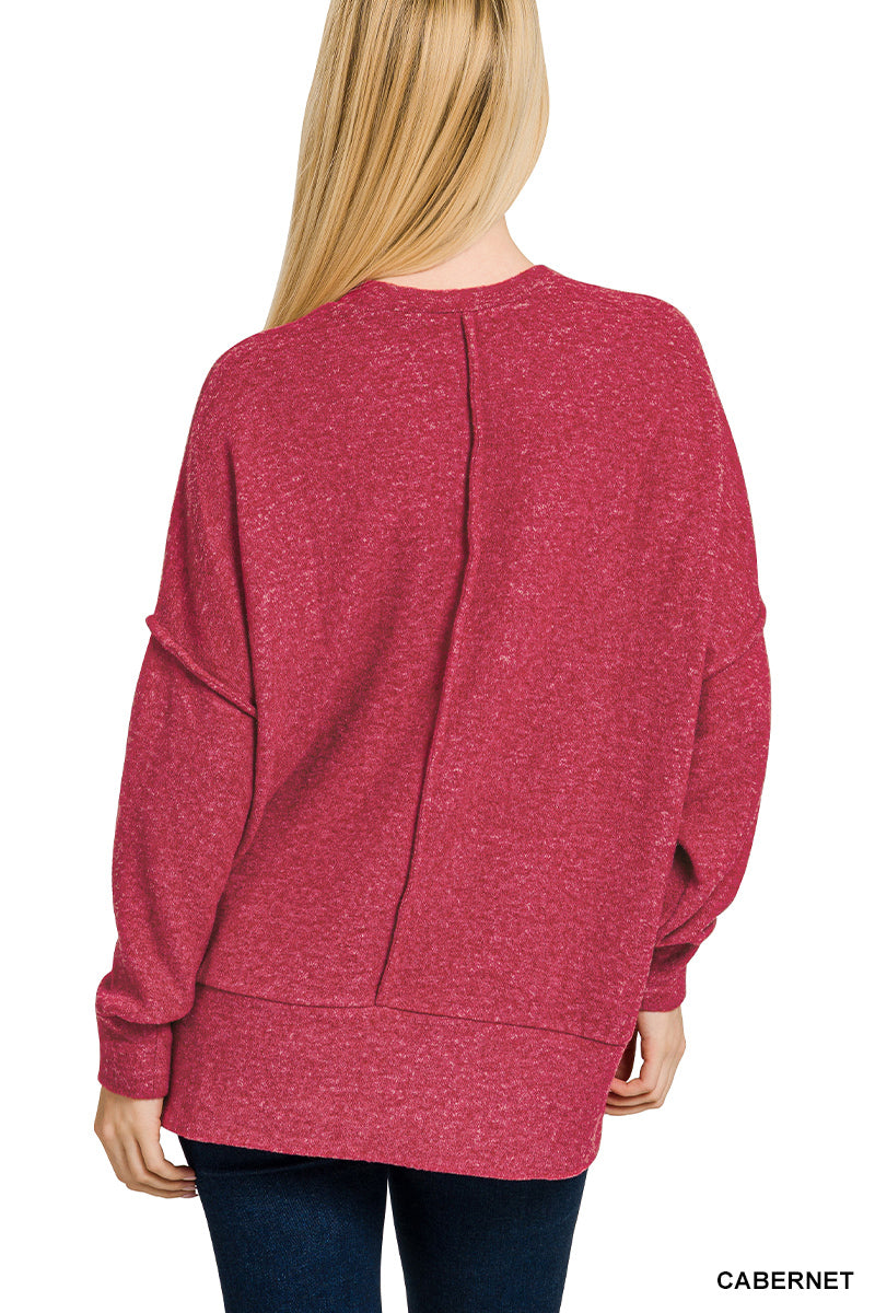 HT-25041A Zenana Brushed Melange Hacci Crew Neck Sweater