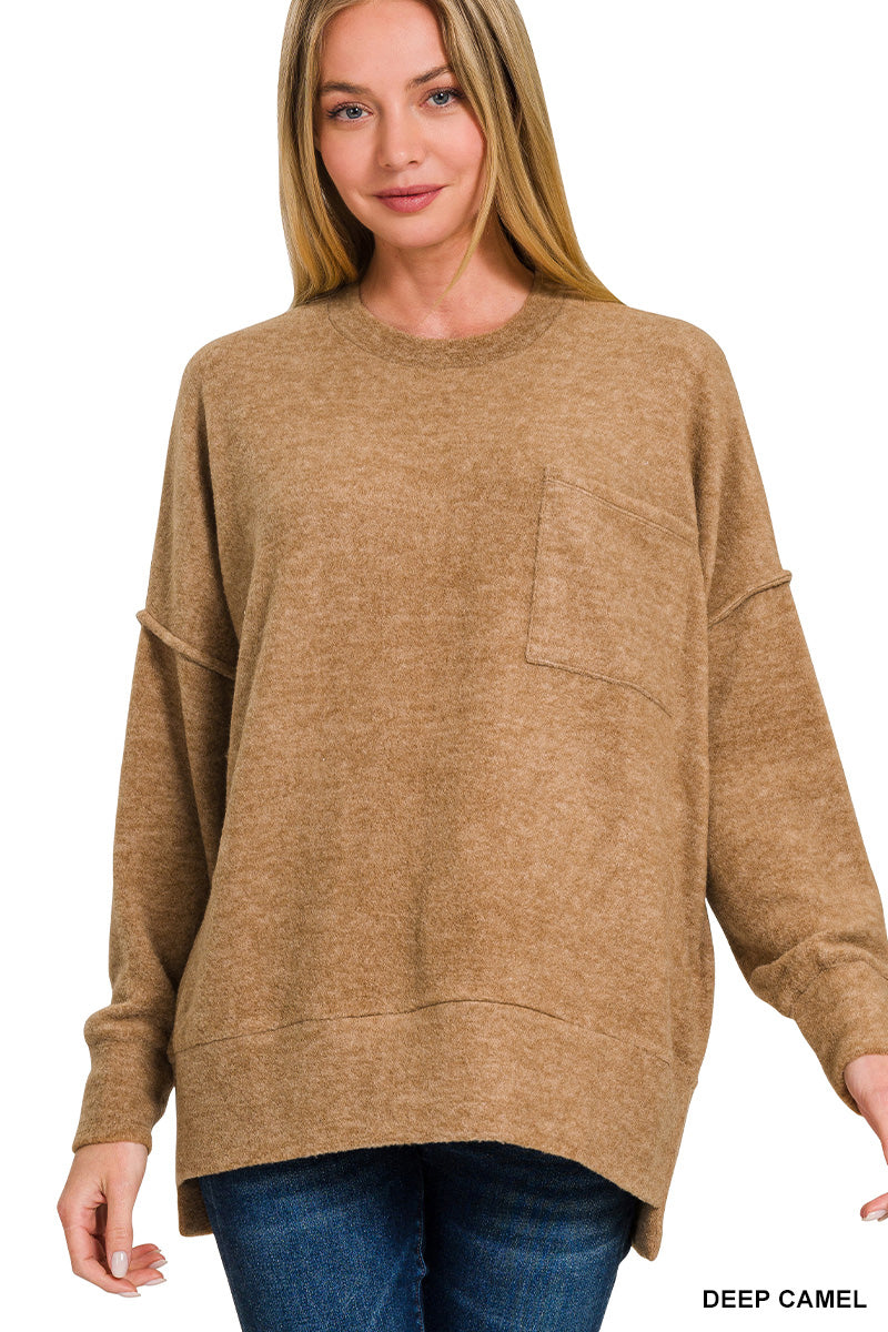 HT-25041A Zenana Brushed Melange Hacci Crew Neck Sweater