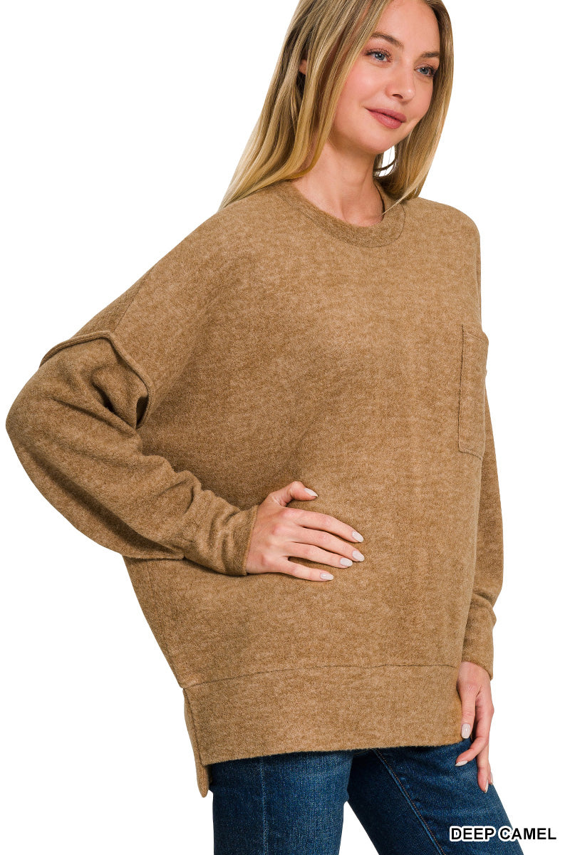 HT-25041A Zenana Brushed Melange Hacci Crew Neck Sweater