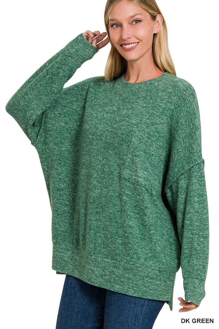 HT-25041A Zenana Brushed Melange Hacci Crew Neck Sweater