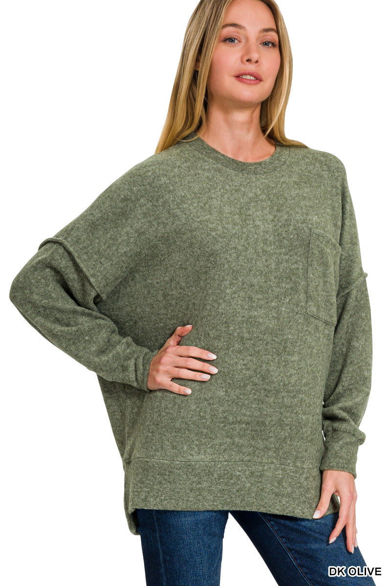 HT-25041A Zenana Brushed Melange Hacci Crew Neck Sweater