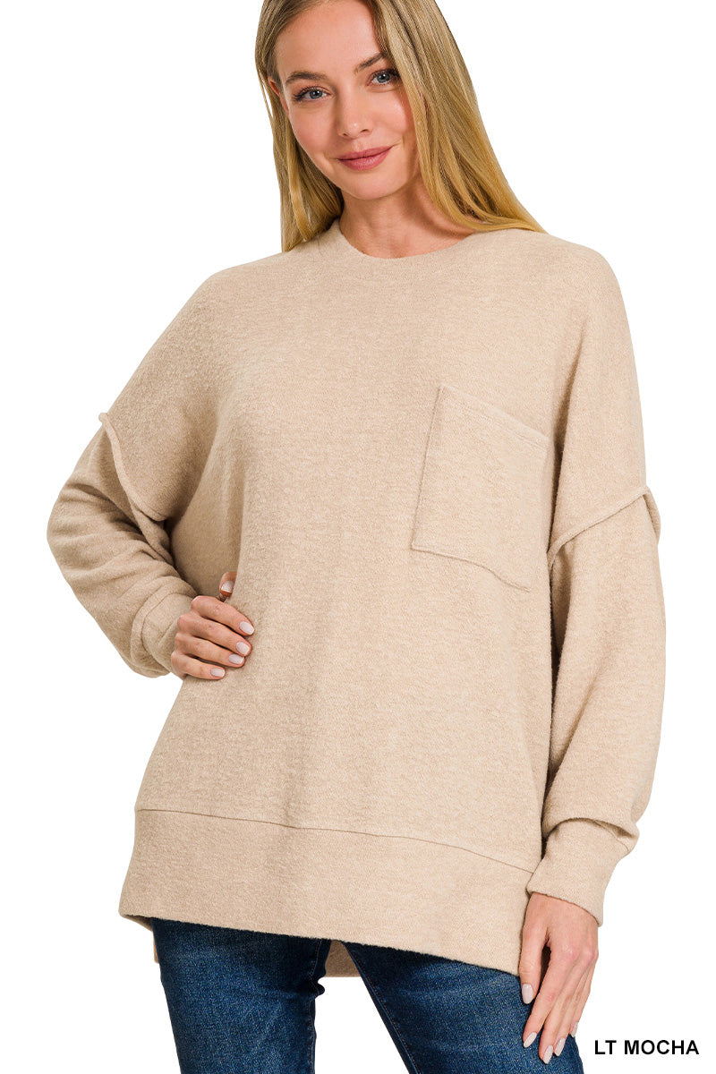 HT-25041A Zenana Brushed Melange Hacci Crew Neck Sweater