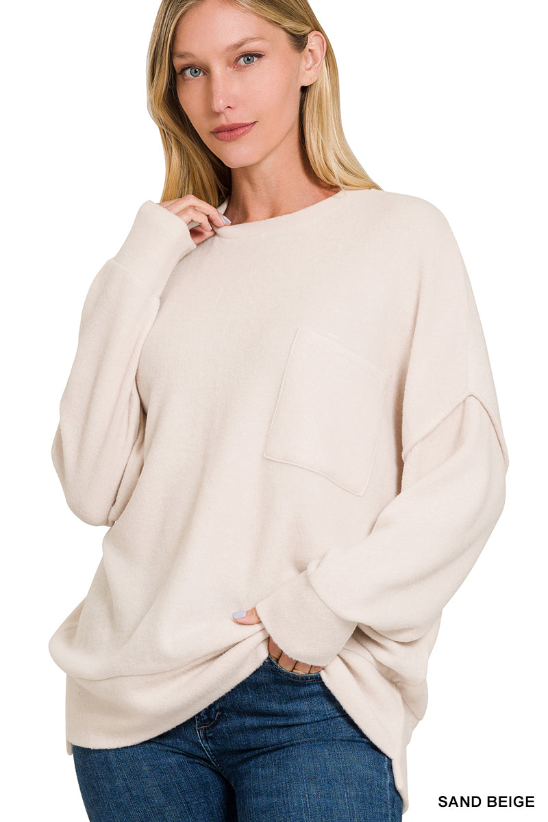 HT-25041A Zenana Brushed Melange Hacci Crew Neck Sweater