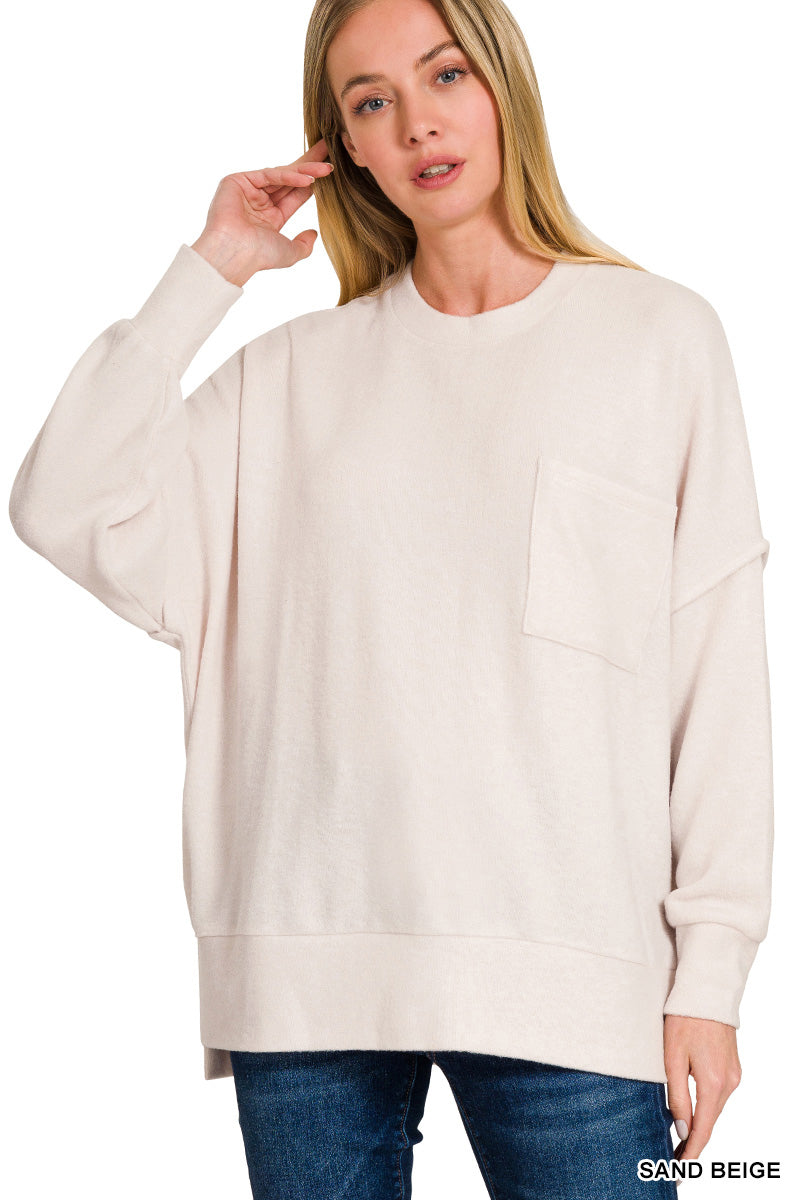 HT-25041A Zenana Brushed Melange Hacci Crew Neck Sweater