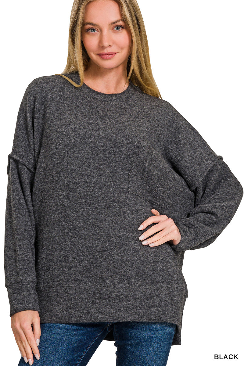 HT-25041A Zenana Brushed Melange Hacci Crew Neck Sweater