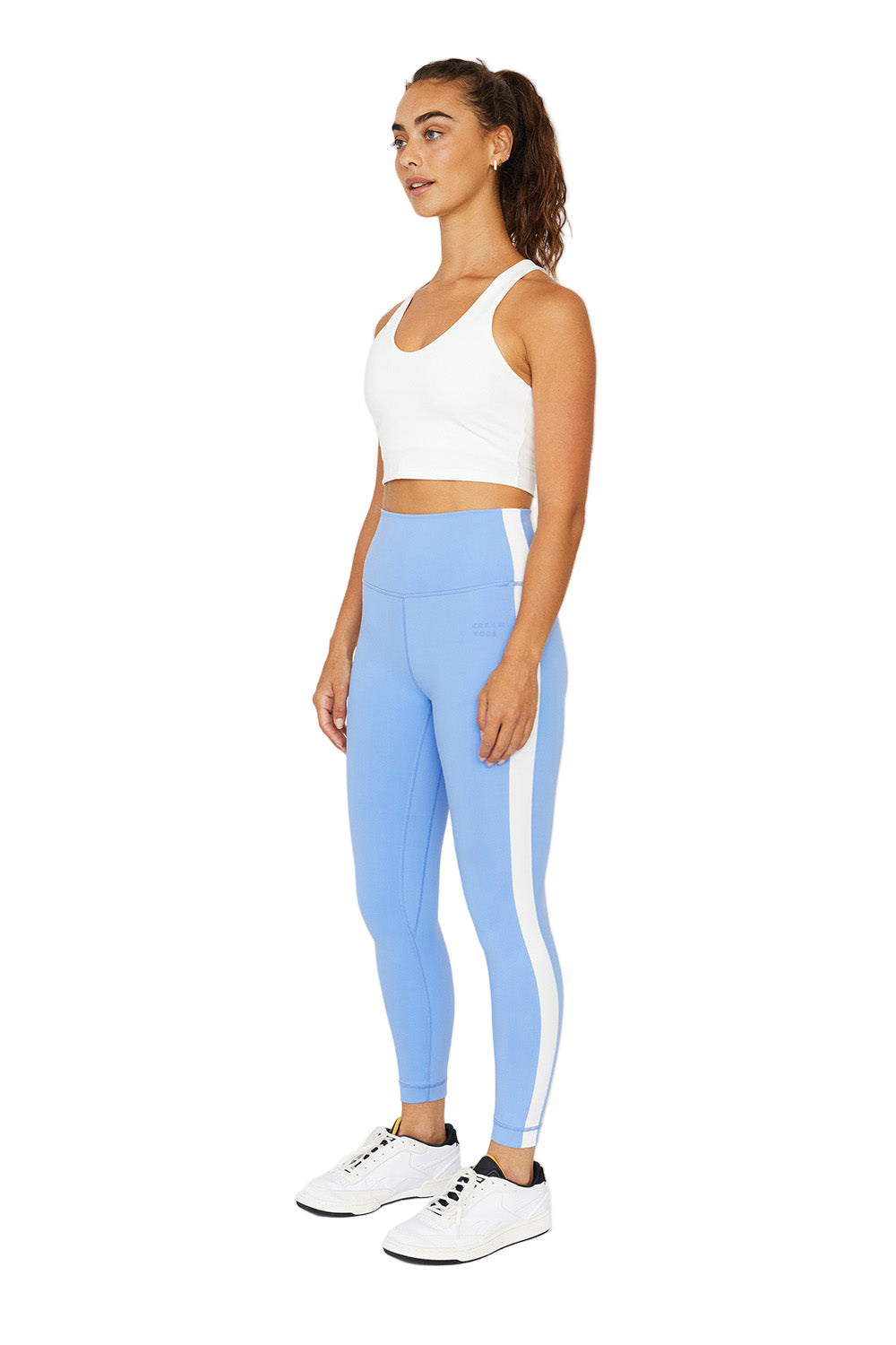 Cream Yoga Hana 7/8 side stripe legging - Laguna Blue - Side Full View