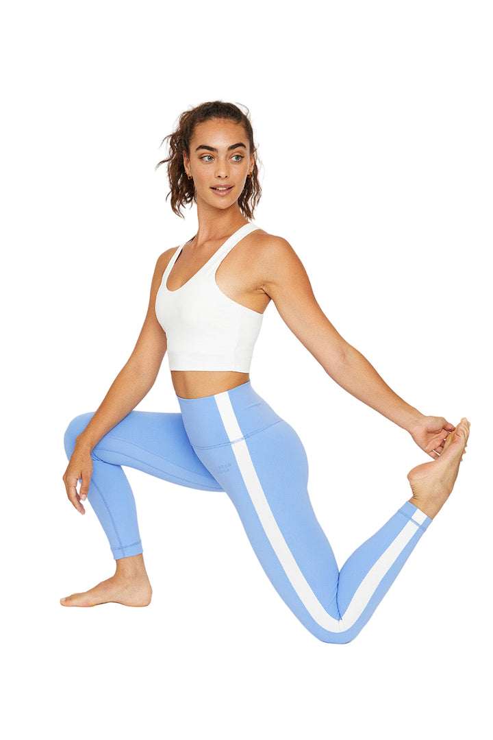 Cream Yoga Hana 7/8 side stripe legging - Laguna Blue - Rear View