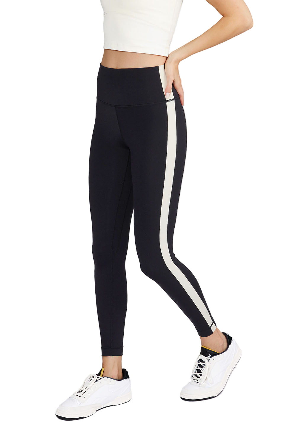 Cream Yoga Hana 7/8 side stripe legging - Black - Side View