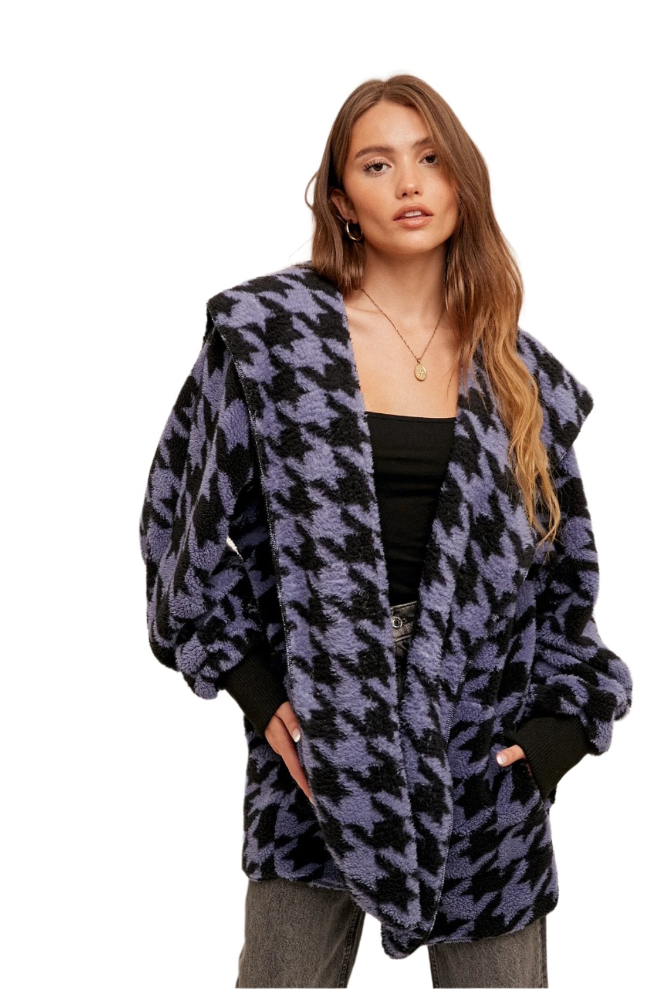 Hem & Thread Houndstooth Print Fur Open Jacket 31719K | Fitness