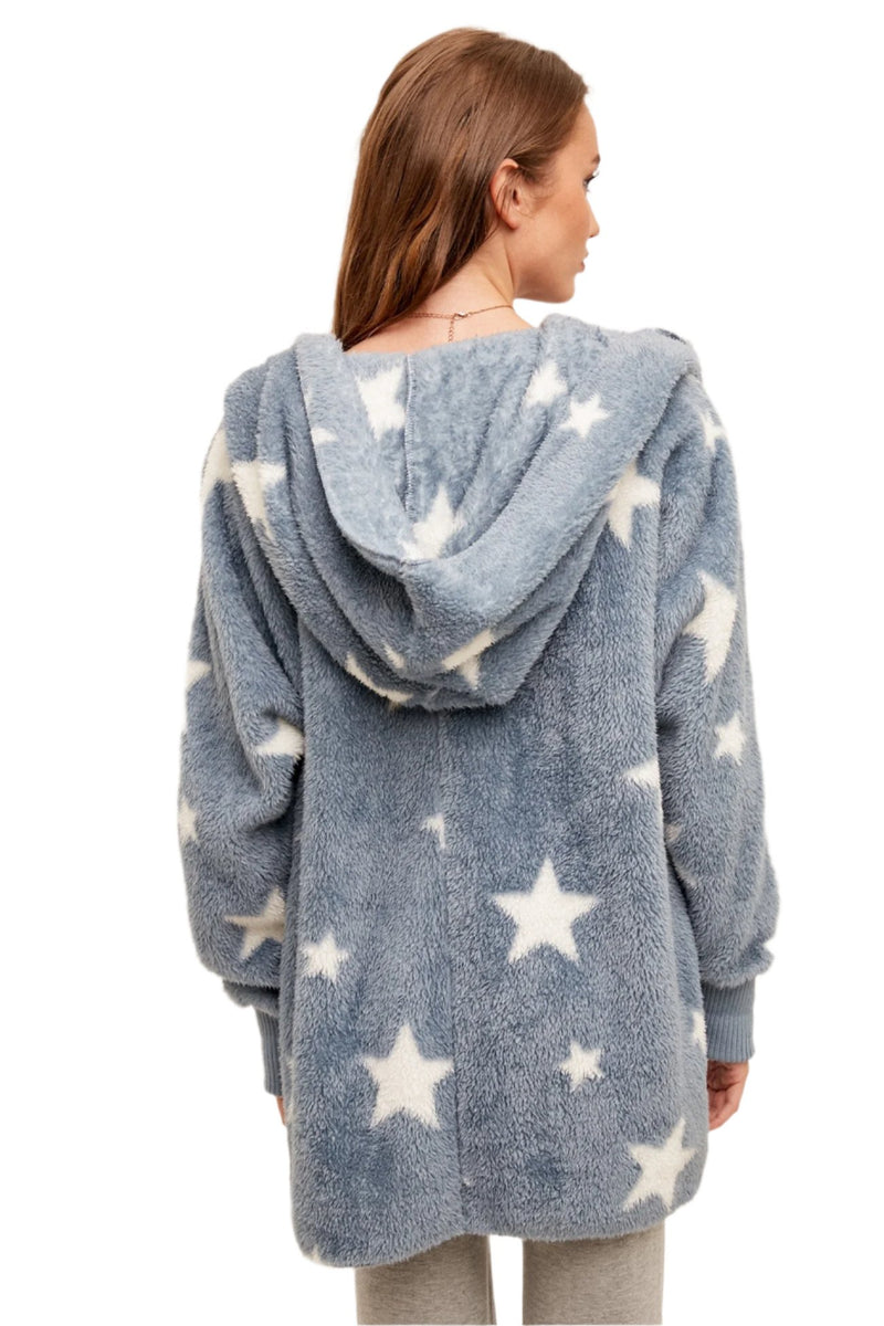 Hem & Thread Star Print Fuzzy Hooded Jacket 8431W