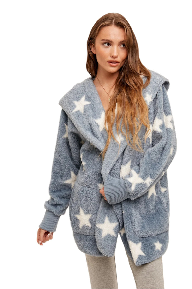 Hem & Thread Star Print Fuzzy Hooded Jacket 8431W