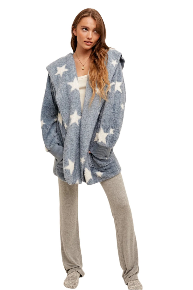 Hem & Thread Star Print Fuzzy Hooded Jacket 8431W