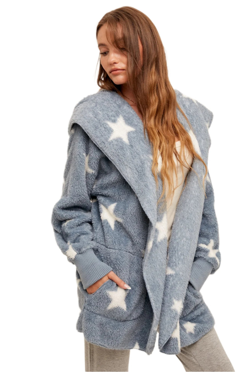 Hem & Thread Star Print Fuzzy Hooded Jacket 8431W