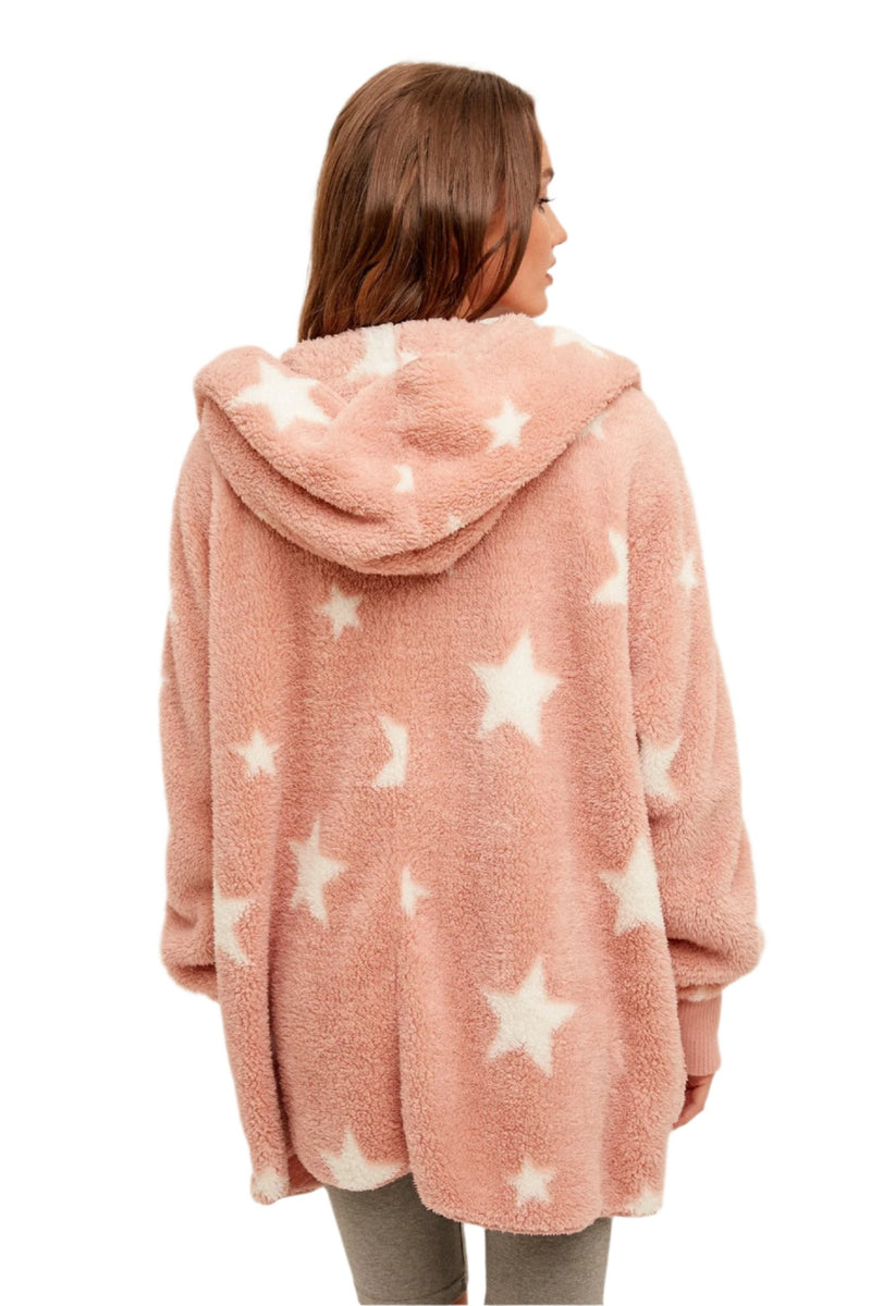 Hem & Thread Star Print Fuzzy Hooded Jacket 8431W