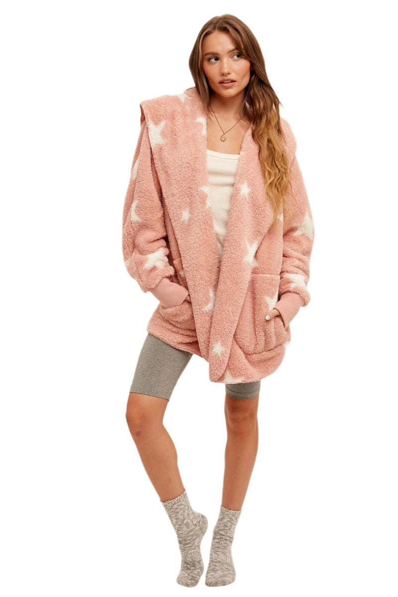 Hem & Thread Star Print Fuzzy Hooded Jacket 8431W