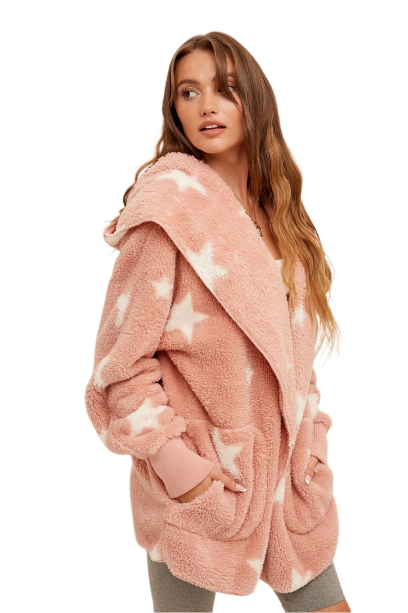 Hem & Thread Star Print Fuzzy Hooded Jacket 8431W