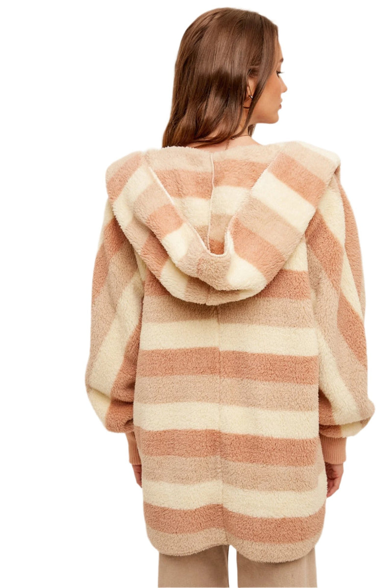 Hem & Thread Multi Color Stripe Oversized Fuzzy Hooded Jacket 91377S