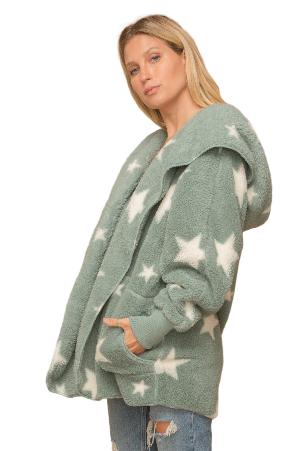 Hem & Thread Star Print Fuzzy Hooded Jacket 8431W