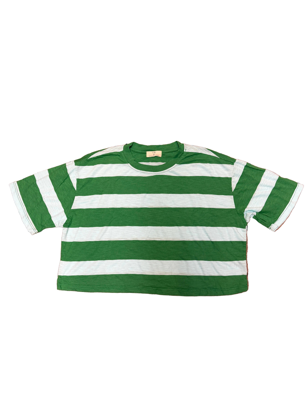 Green and white striped shirt on a white background