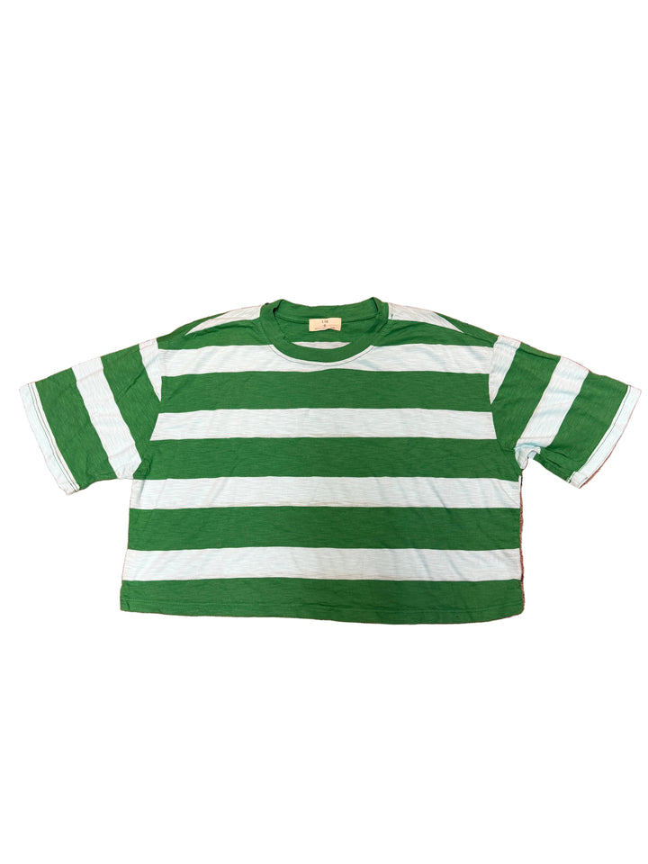 Green and white striped shirt on a white background