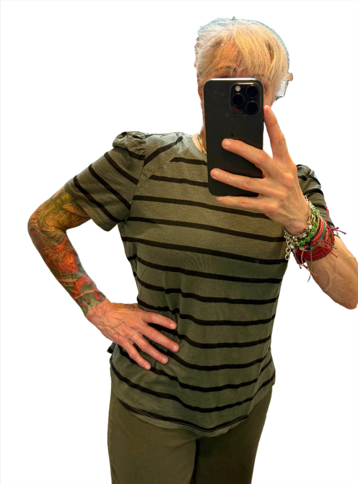 TLA Petite Stripe Puff Sleeve Tee - Moss and Mousse Stripes - Front View