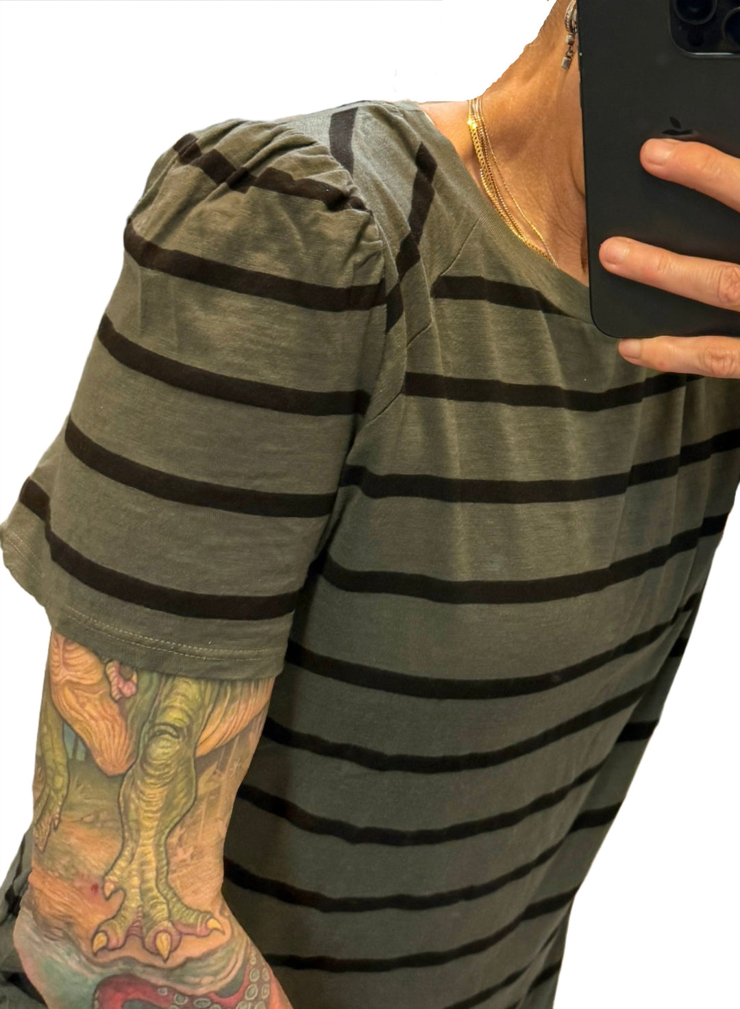 TLA Petite Stripe Puff Sleeve Tee - Moss and Mousse Stripes - Rear View