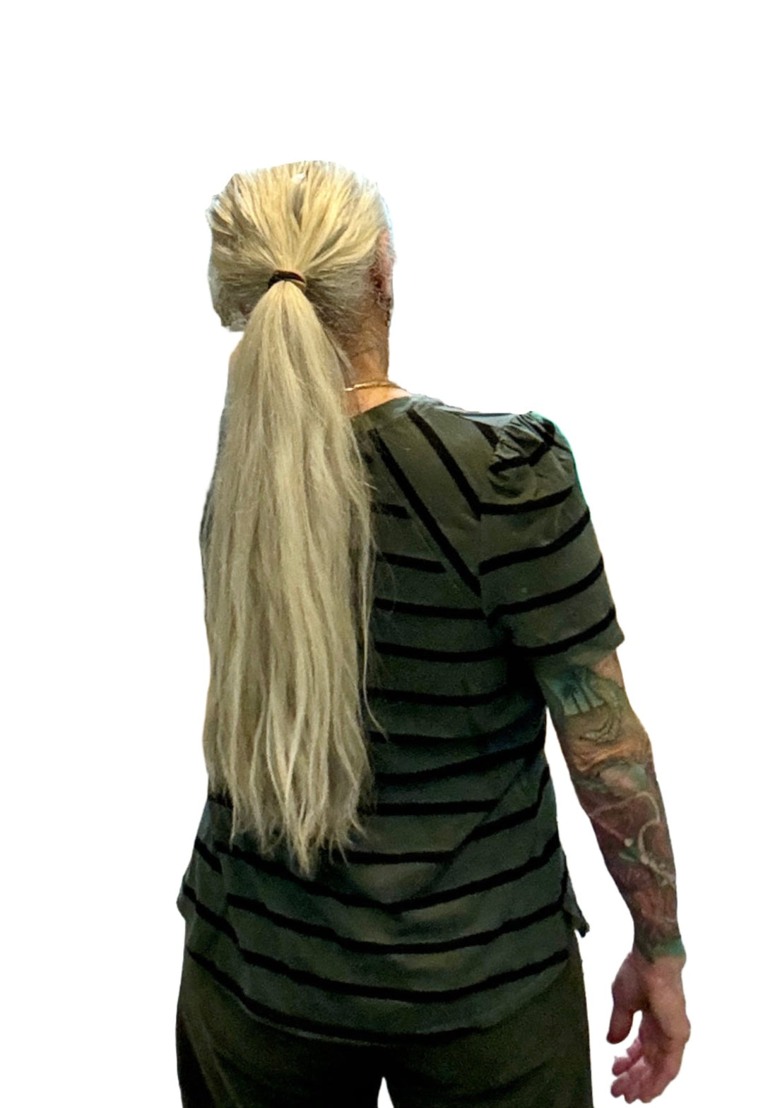 TLA Petite Stripe Puff Sleeve Tee - Moss and Mousse Stripes - Back View