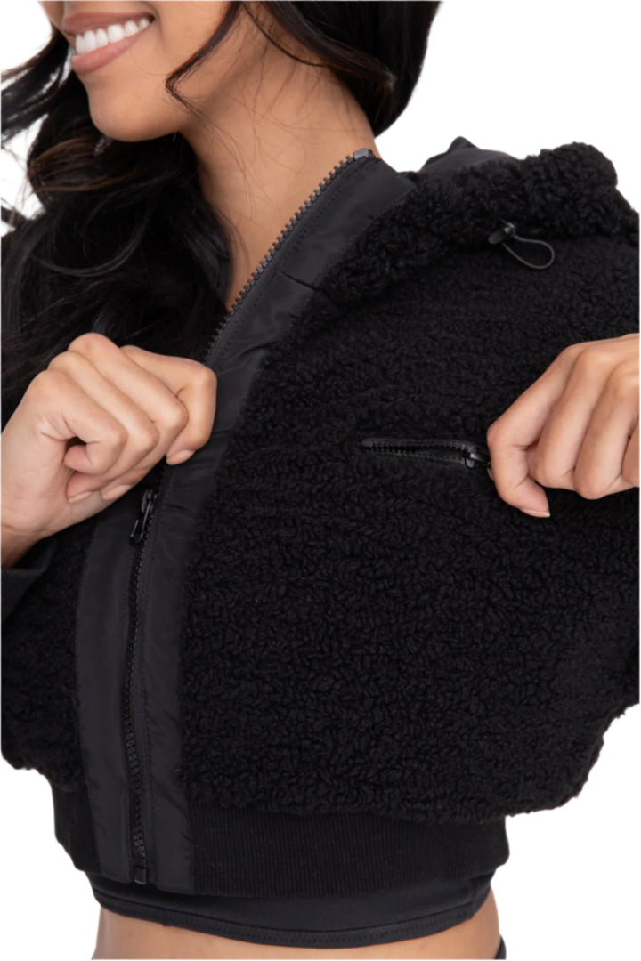 Mono B Cropped Sherpa Jacket - Black - Rear View